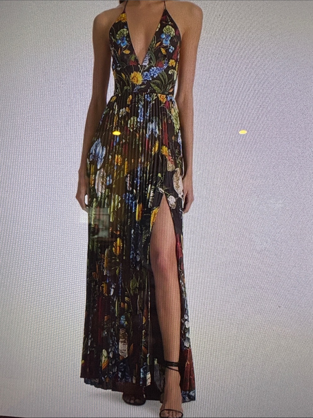 Alice and Olivia Hannah Pleated Floral Halter Maxi Dress with High Slit Size 0